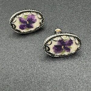 Vintage Needlepoint Hand Embroidered Stud Earrings with Purple Pansy Flower